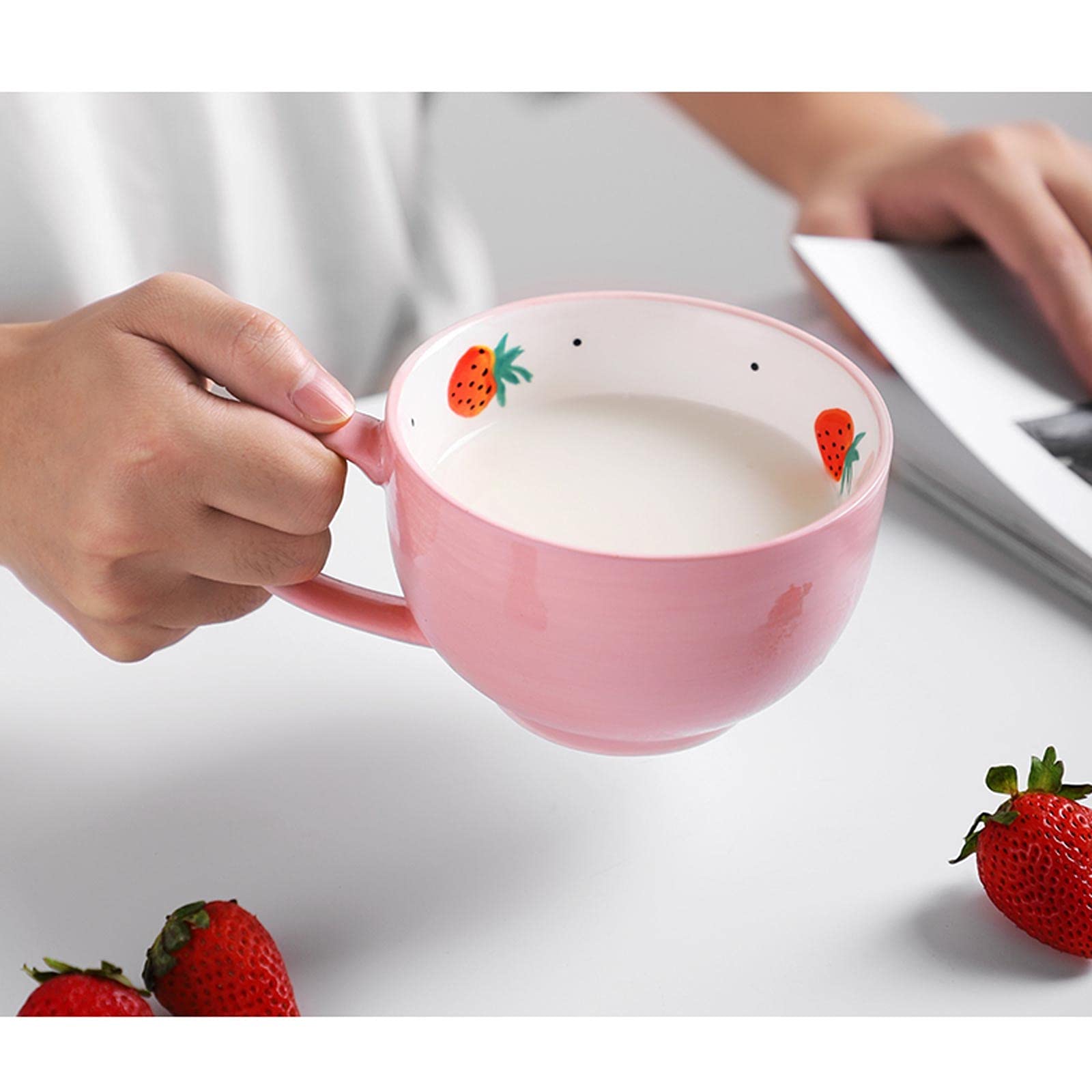 Keramik-Kaffeetasse Keramiktasse 15,2 Unzen / 450 ml große Kapazität Milch Haferflocken Schüssel Joghurtbecher Frühstückstasse rosa/grünes Kaffeetassen-Set