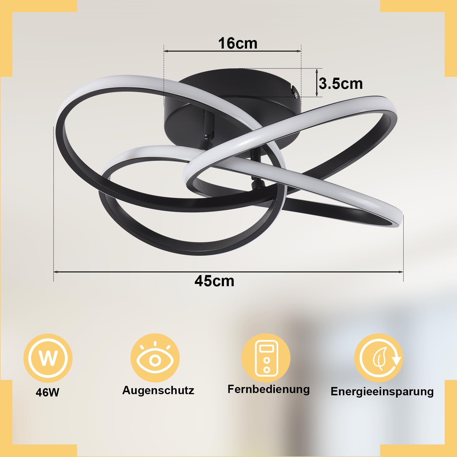 Homefire LED Deckenleuchte Wohnzimmer Deckenlampe Schwarz 46W Dimmbar | Modern Blume Design Wohnzimmerlampe mit Fernbedienung, Metall+Silikon Küchenlampe, Schlafzimmer Deckenleuchten für Küche Flur