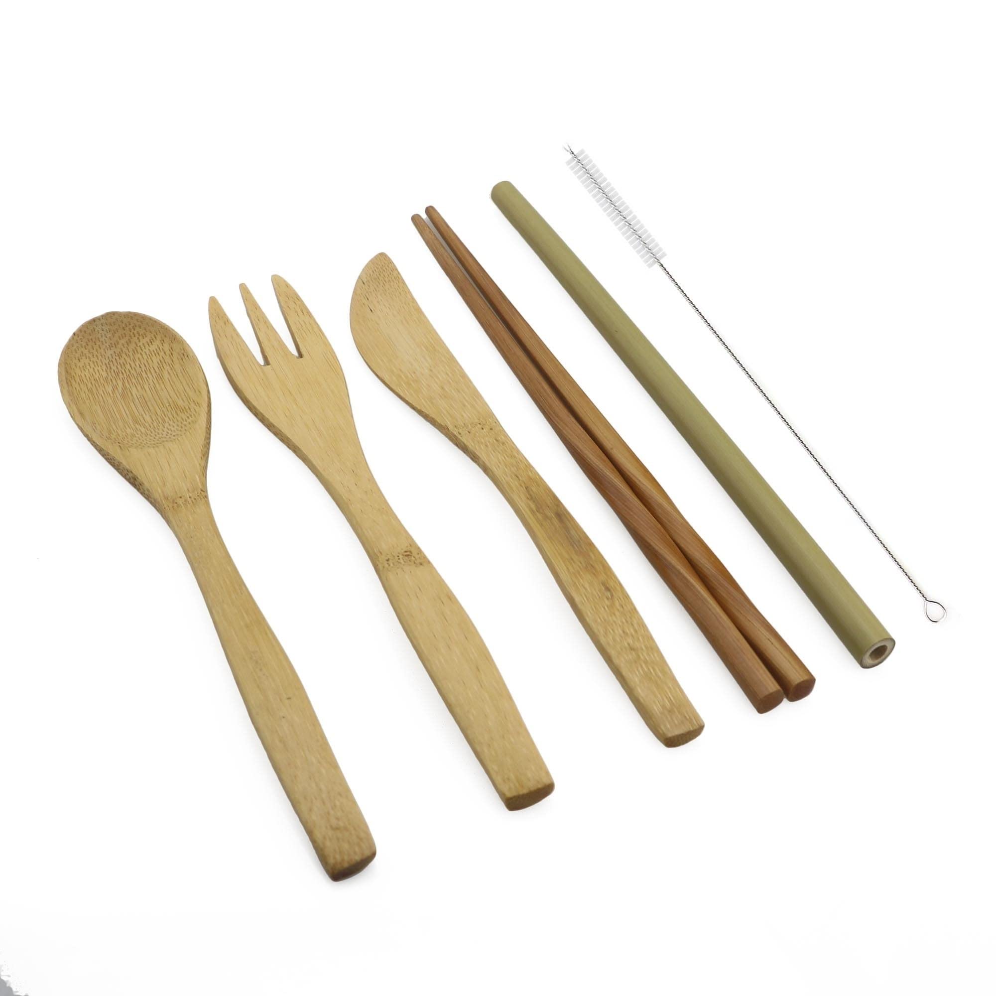 Ensemble de Couverts en Bois de fête 7 pièces avec Couteau, Fourchette, cuillère, Sac en Tissu de Paille de Bambou pour hôtel, Bar, Maison, fête exceptionnelle