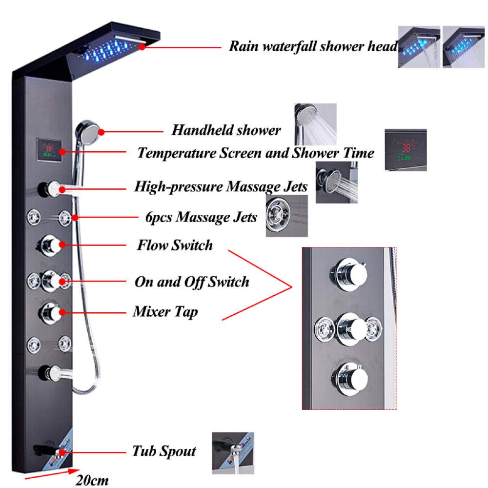 Panel prysznicowy LED z kranem, głowica wodospadowa, głowica prysznicowa, temperatura, deszczownica, bateria prysznicowa, szczotkowany nikiel