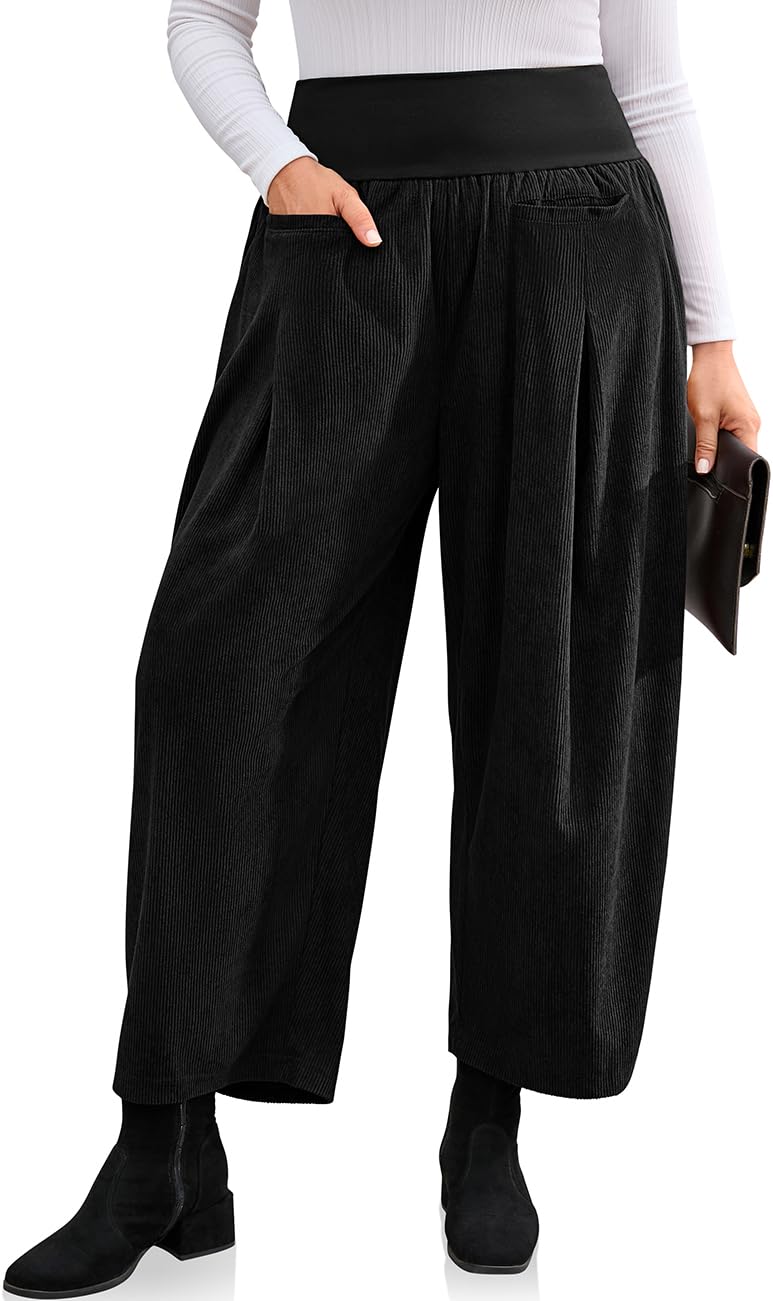 TARSE Womens Corduroy Harem Pants Casual Elastic Waist Wide Leg Pants Boho Loose Fit Baggy Trousers with Pockets