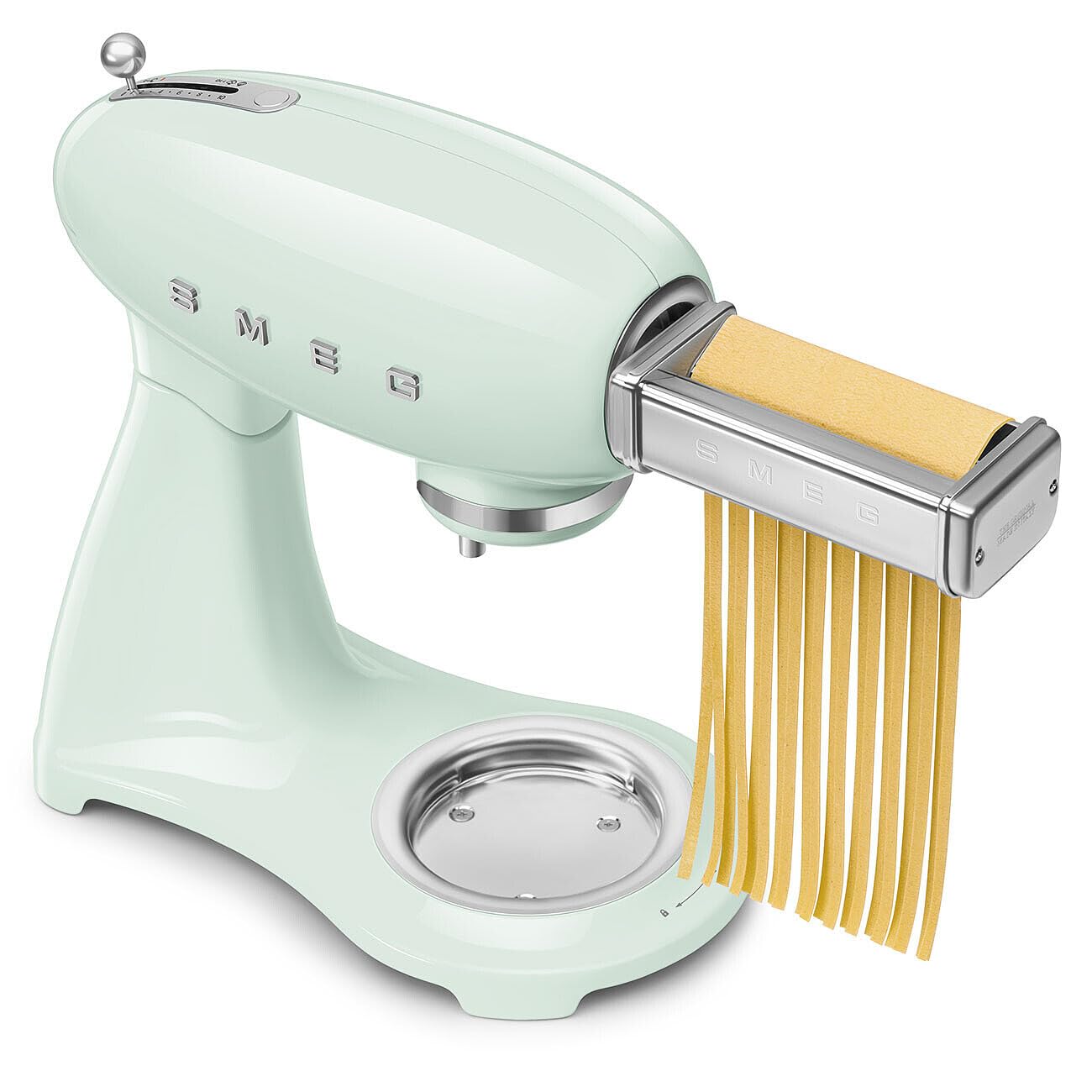 Smeg, Full Color SMF0PGREU Planetenkneter, 10 Geschwindigkeitsstufen, Smooth Start und Steady Mix Funktion, 4,8 L Schüssel, Motorblock, 3 Schneebesen und Knethaken, 800 W, pastellgrün