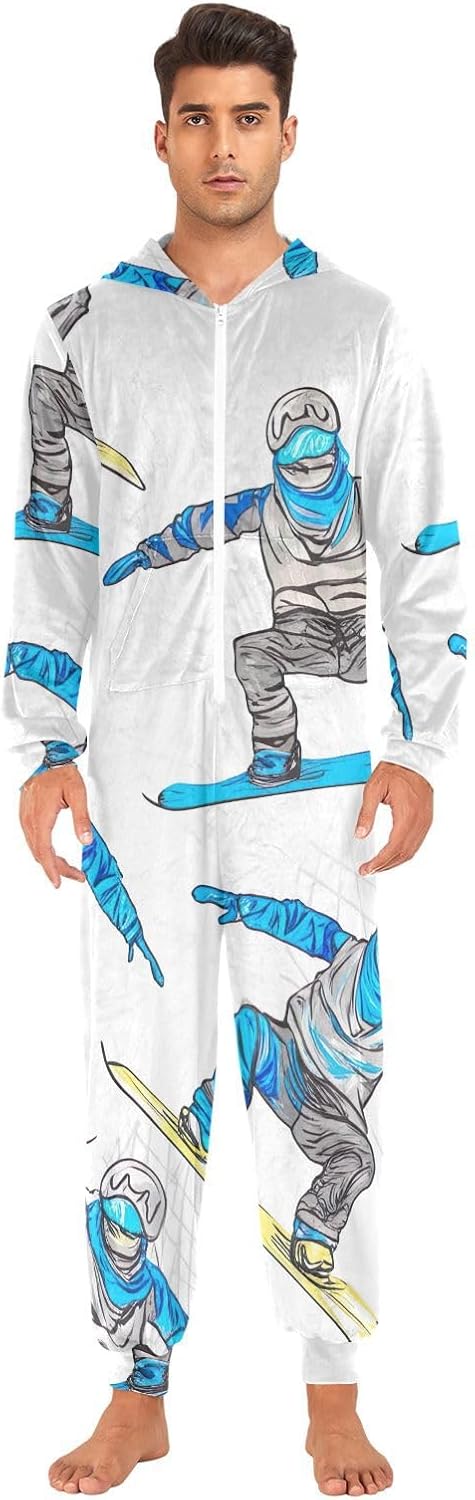 GAIREG Snowboarders Winter Blue White Onesie Pjs Adult Men Women, Warm One-Piece Pajama Jumpsuits