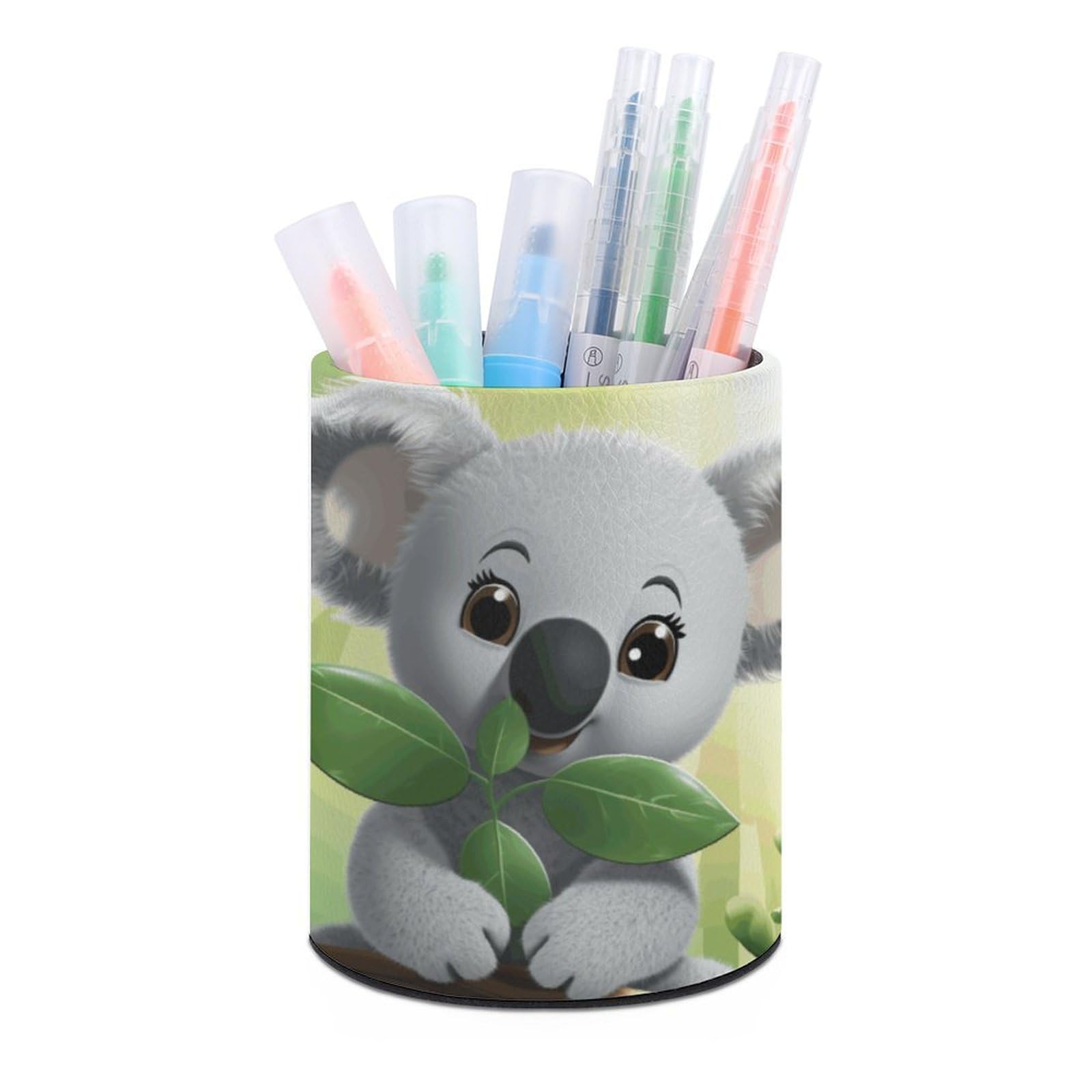 DWVTSLH Aesthetic Pen Holder for Desk - Modern Leather Pencil Holder - Stylish Round Makeup Brush Holder - Koala Pen Cup Cute And Functional Desk Organizer for Office Supplies