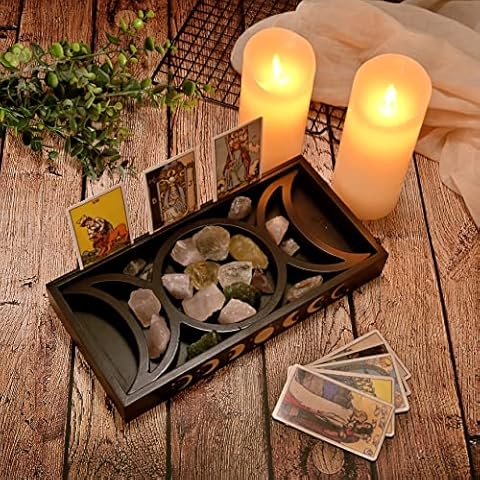 Donmills Moon Tray Crystal Holder for Stones Wooden Tarot Card Holder Stand Displaying Affirmation Cards, Wiccan Decor, Tarot Reading & Displaying Accessories, Jewelry Dish Tray Tarot Card Key Trinket Cover