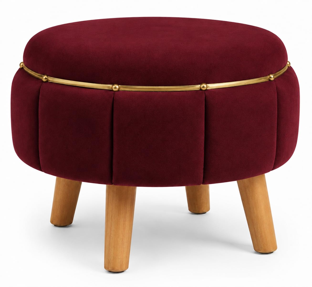 Velvet and Wood Round Ottoman Footrest, Maroon, Soft Cushioned Seat with Gold Metal Accent and Sturdy Wooden Legs, 30x30x40 cm-image-23