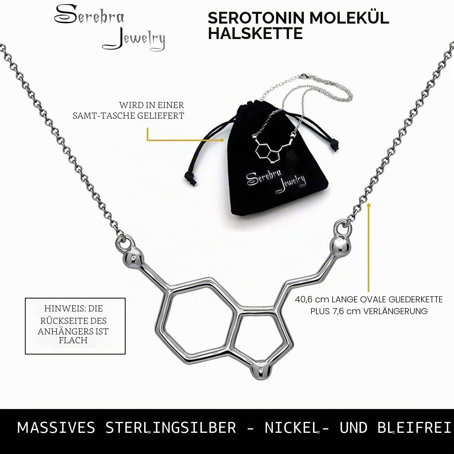 Serotonin Molekül Anhänger mit Halskette aus 925 Sterling Silber Gold Rosegold Chemie Science Geschenk by Serebra Jewelry (SJ)
