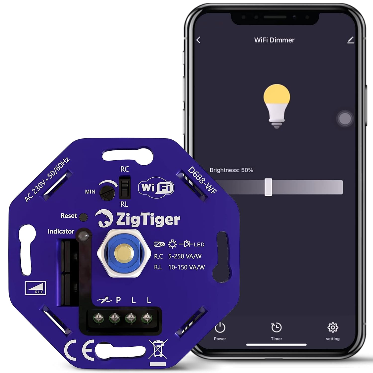 Zigtiger Wifi LED Dimmer Switch, Universal WiFi Rotary Dimmer Flush