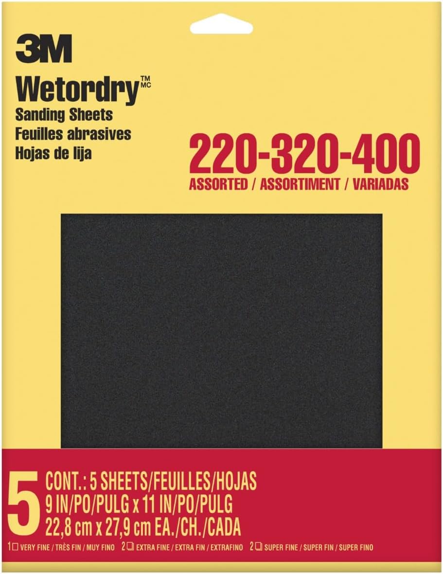 Papel de lija Wetordry, 5 hojas, 9 x 11 pulgadas, granos variados | Uso para lijado húmedo y seco, para lijado entre capas de barniz, laca, pintura y otros acabados (9088DC-NA)