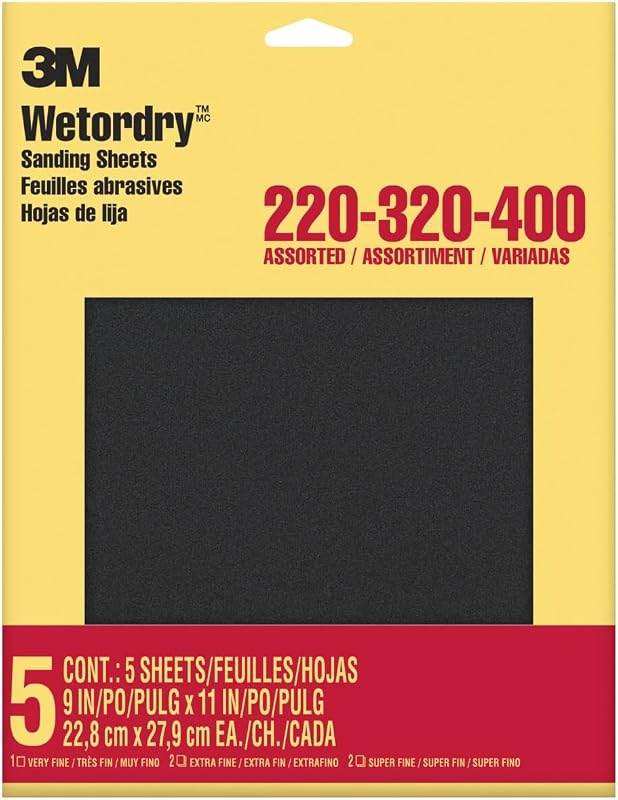 Papel de lija Wetordry, 5 hojas, 9 x 11 pulgadas, granos variados | Uso para lijado húmedo y seco, para lijado entre capas de barniz, laca, pintura y otros acabados (9088DC-NA)