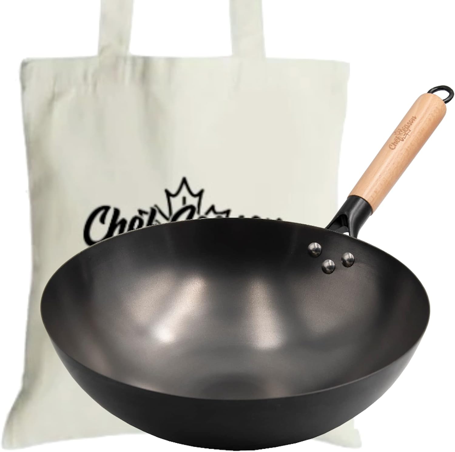 ChefSeason Carbon Steel Wok, Round Bottom Wok Pan 12 inch