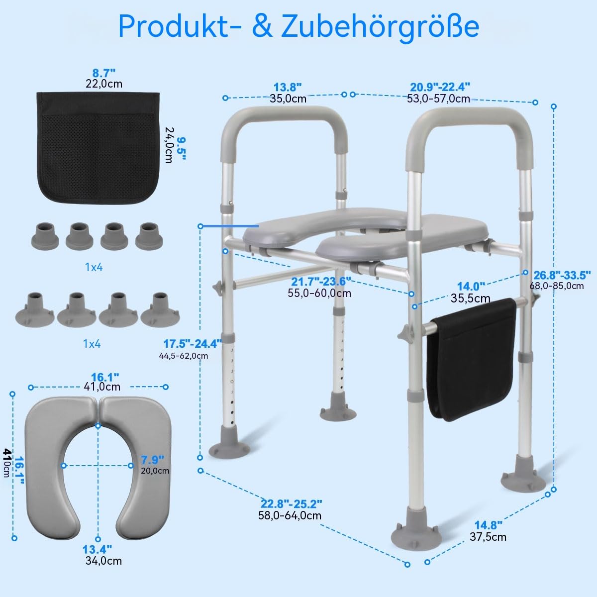 Toilettensitzerhöhung mit Armlehnen, Toilettenerhöhung Senioren 8-Stufen 68-85cm mit Rutschfeste Griffe, WC Sitzerhohung mit Griff für Senioren bis 150kg