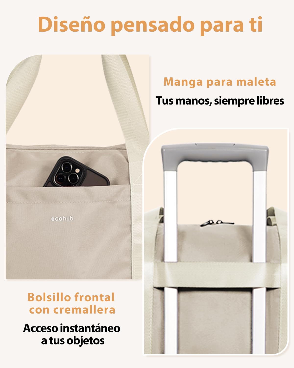 ECOHUB 30L Bolsa de Viaje Mujer, 45x36x20 Equipaje de Mano Avion, Bolsa Gimnasio Mujer con Bolsillo Húmedo Extraíble, Plegable Bolso Maternidad Hospital, Patente Pendiente(Beige) | Equipaje Cabina Bajo Asiento con Bolsillo Húmedo para Fin de Semana y Gimn