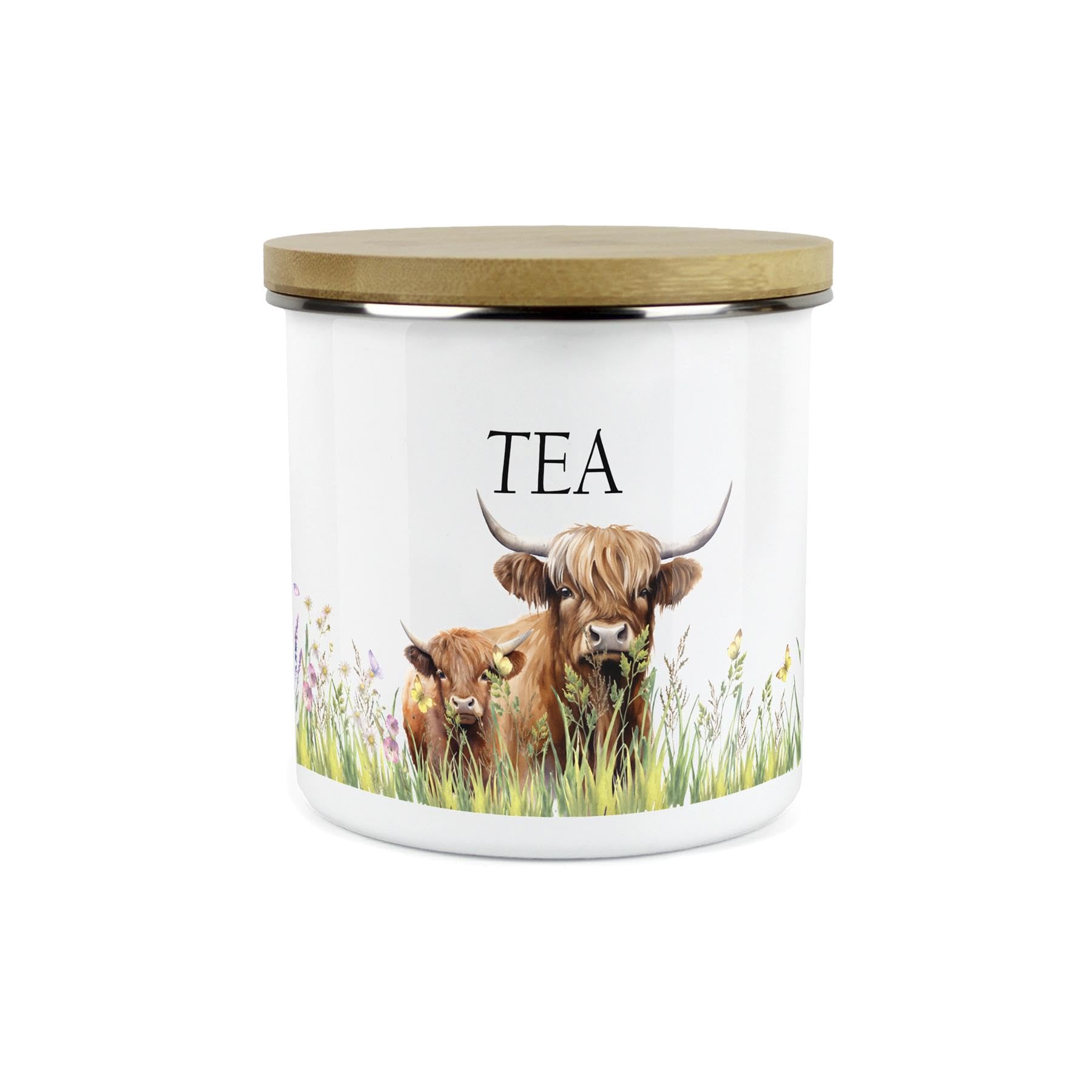 Purely Home Highland Cow & Calf Kitchen Tea Storage Canister - Countryside Farm Metal Enamel Food Storage Container