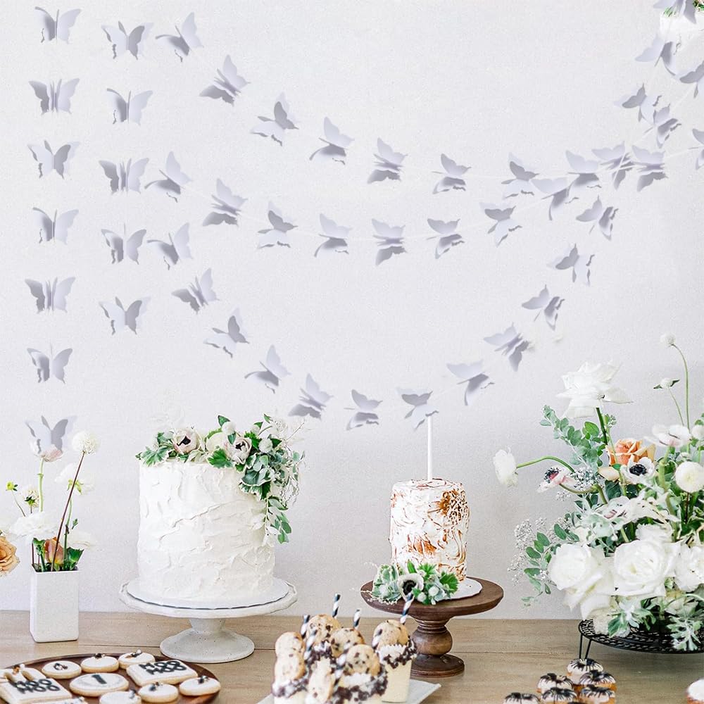 Photo 1 of BEISHIDA 5 Pieces White 3D Butterfly Paper Garland Hanging Decorative Banner for Home Ceiling Decor Birthday Party Baby Shower Wedding Theme Showcase Decoration Supplies Total 393 Inch Length