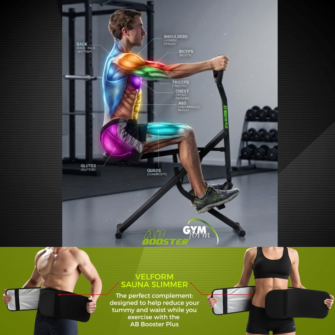 GYMFORM Ab Booster Plus + Sauna Slimmer, maszyna do budowania mięśni, pełny sprzęt treningowy, wielofunkcyjne ćwiczenia aerobowe i tonowanie, komputer + pas redukujący efekt sauny