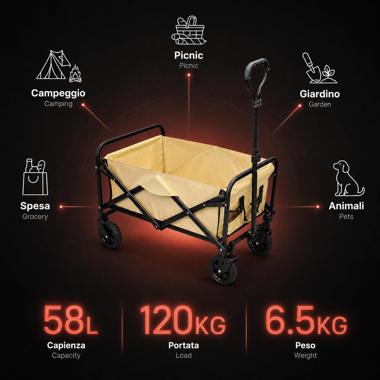 KOMBO - Carrello Pieghevole - Portata 120 Kg, 58 Litri - Telaio Acciaio Q195, 4 Ruote Ø125mm di cui 2 Pivottanti, Manico Telescopico 4 Altezze, per Campeggio Picnic Spesa Giardino e Animali