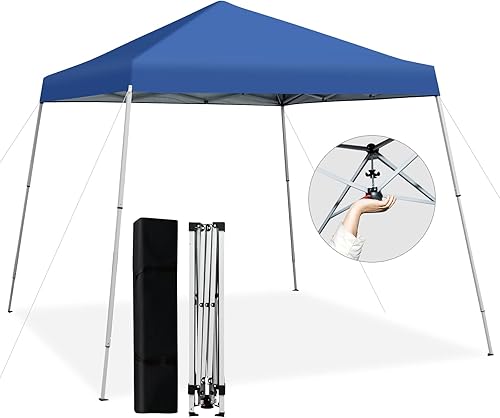 Tangkula Toldo desplegable de 10 x 10 pies, tienda de campaña para exteriores con cierre central, protección solar UPF50+, 4 estacas, 8 cuerdas,