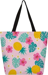 Sacola de lona feminina de abacaxi, folhas de palmeira, flores, sacolas grandes para homens com bolsos, sacolas de compras resistentes, sacolas de compras reutilizáveis, bolsa de ombro casual para escola, trabalho, praia, Multicor