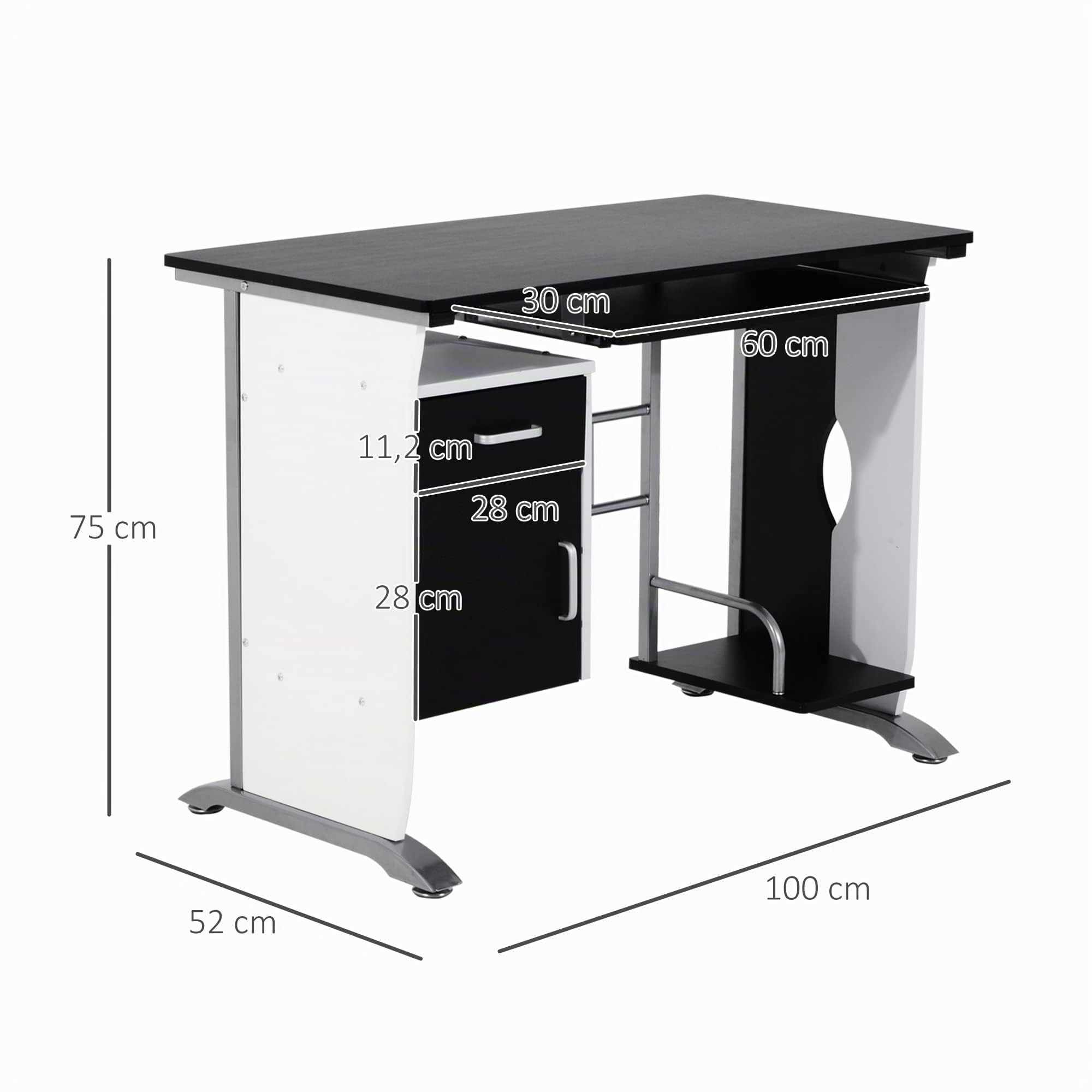 HOMCOM Mesa de Ordenador Armario, Bandeja Teclado 100x52x75cm Negro/Plata