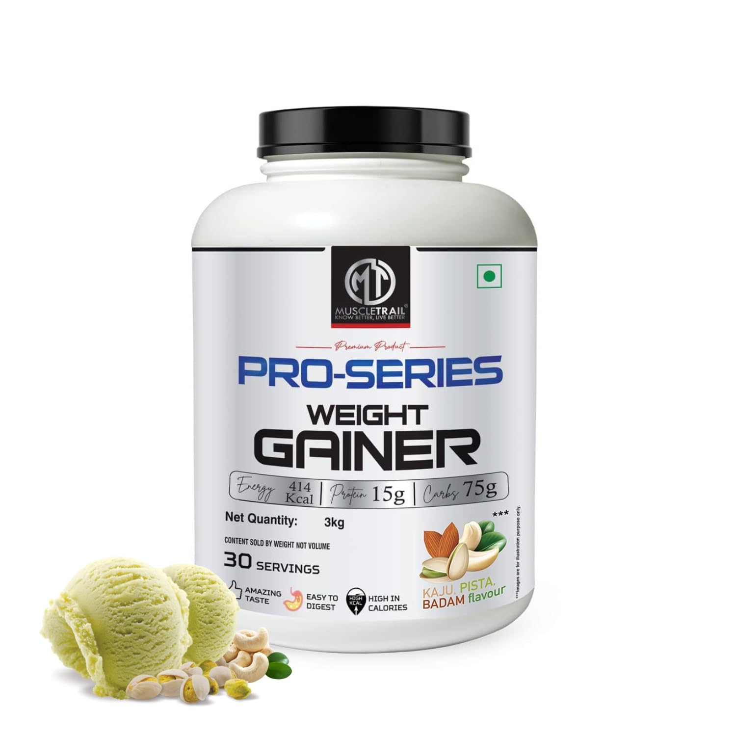 MuscleTrail Pro Series Weight Gainer Powder | Kaju Pista Badam (3kg) | 15g Protein, 414 Calories, 75g Carbs, High in Calories for Weight gain (B09WLZLRBW) Amazon Price History, Amazon Price Tracker