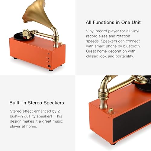 Miniatura 4 de Mini reproductor de discos de vinilo con diseño clásico pero moderno, 2 altavoces estéreo integrados con función Bluetooth para entretenimiento y