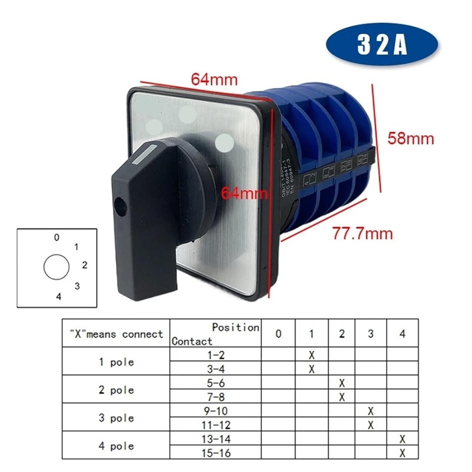 32A 4 Pole 690V 16 Terminal Screw LW26 YMW26-32/4 Rotary Multistep Changeover Cam Switch 1Pcs(0-1-2-3-4 Position)