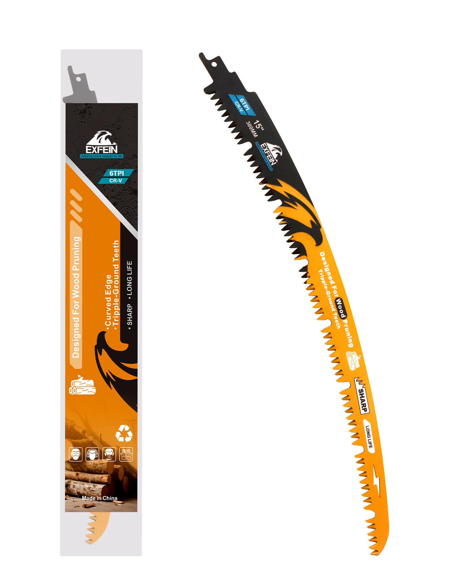 EXFEIN Japanese Teeth Reciprocating Saw Blade 380mm, Arc Edge Wood Pruning Saw Blades 6TPI for Tree Trimming, Wood Cutting