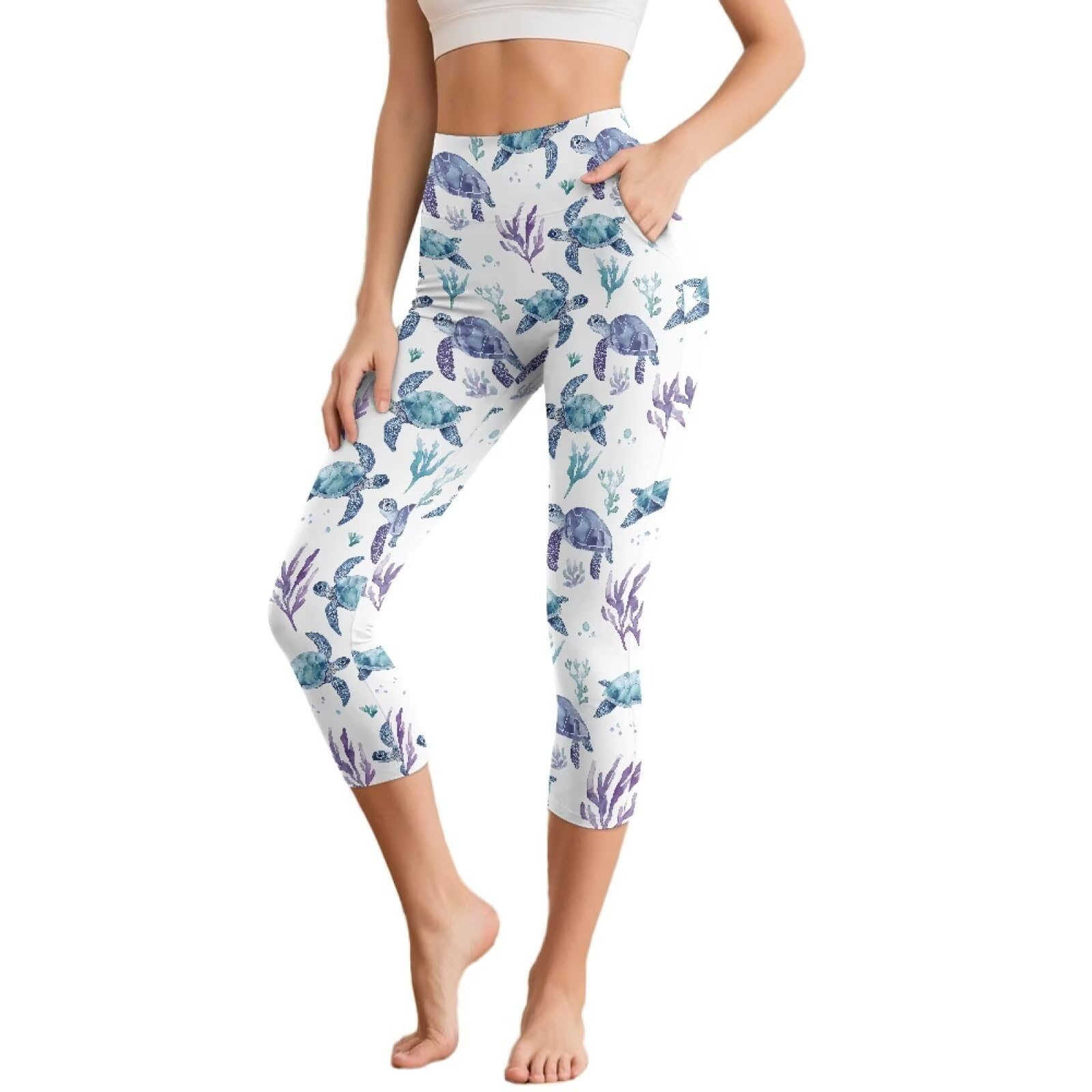 Ypexeognv Sea Turtle Womens Capri Leggings Printed Capris for Women 4-Way Stretch Running Yoga Pants Tummy Control Workout Leggings
