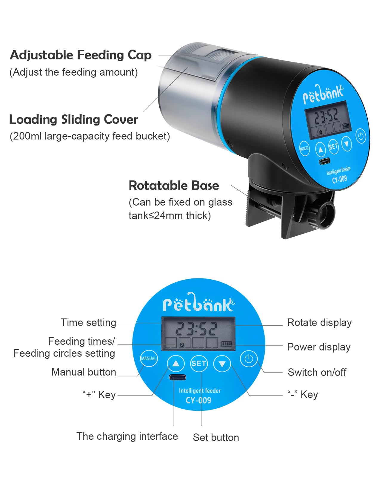 Petbank USB Charger Alimentador Automático Acuarios con Temporizador Recargable, Dispensador Comedero Acuario con Pantalla LCD, Dispensador Comida Peces Automatico, Azul — view 8