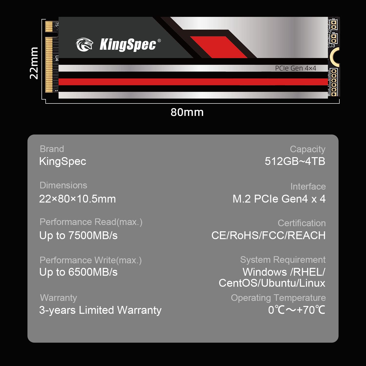 KingSpec SSD M.2 NVMe da 512 GB, SSD PCIe 4.0 NVMe Gen4 2280