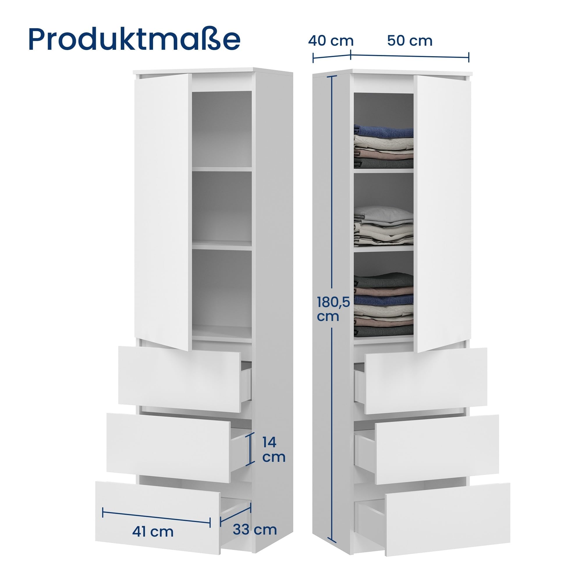 Kleiderschrank, Garderobenschrank, Mehrzweckschrank mit 3 Einlegeböden & 3 Schubladen | kompakter und funktionaler Schrank für Schlafzimmer, Flur oder Arbeitszimmer | 50x40x180 cm (BxTxH) | Weiß