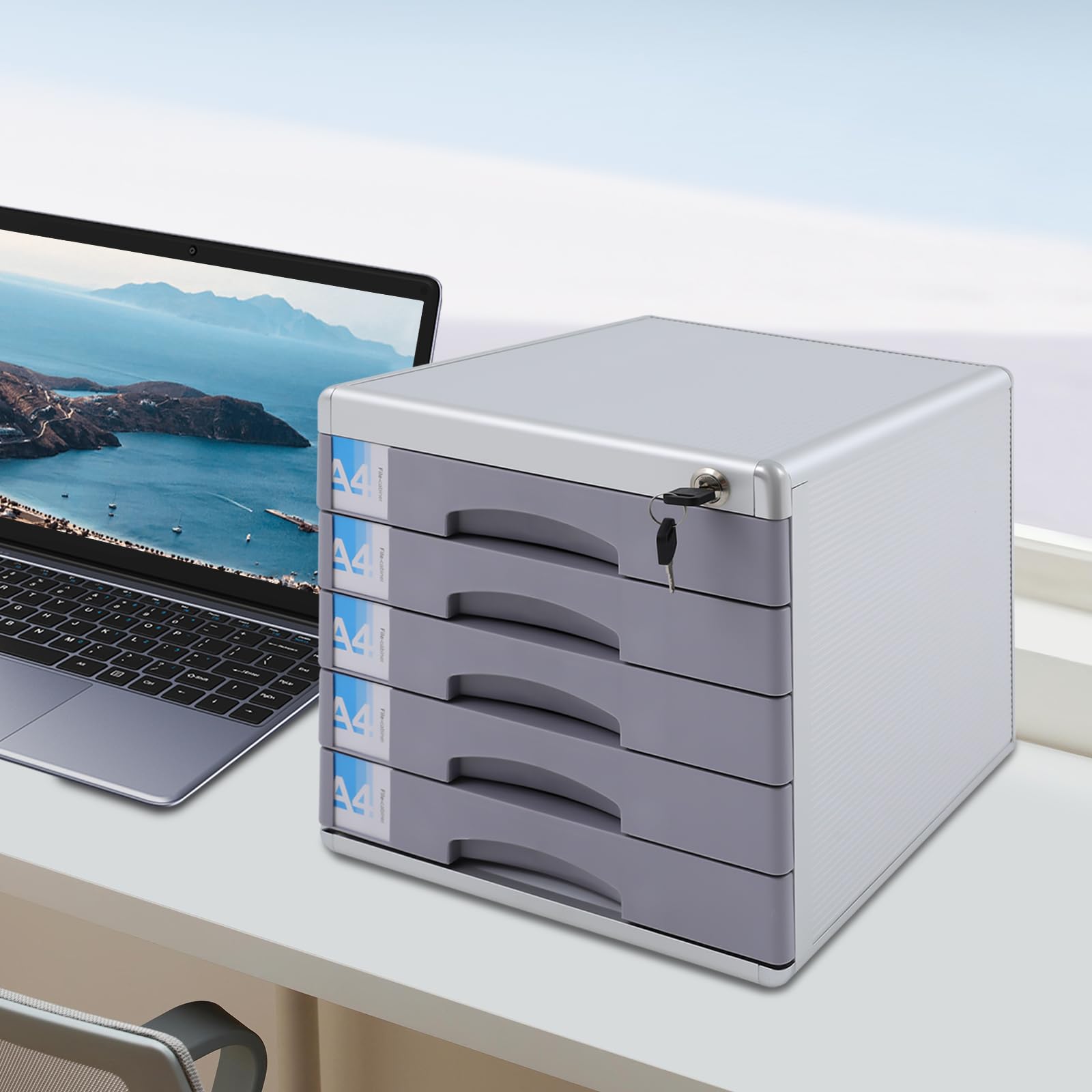 Modulo di archiviazione, organizer da scrivania a 5 livelli bloccabili, scatola con 5 cassetti per documenti A4+, cornice in alluminio, etichette scrivibili, 30 × 36 × 30,5 cm