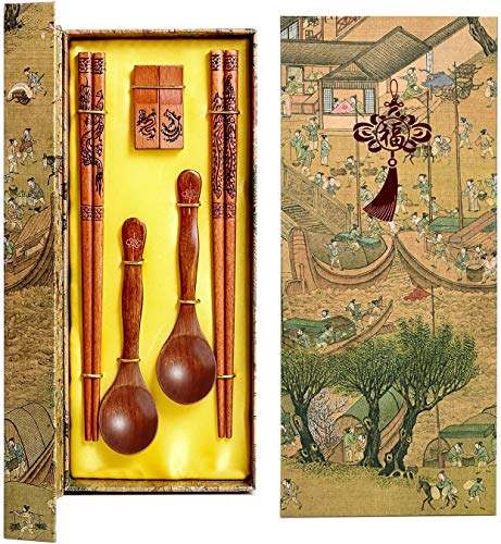 Chinese Reusable Wooden Chopsticks Spoon with Holder&Portable Cloth Bag, Traditional Stylish Gift Set (Dragon Phoenix)