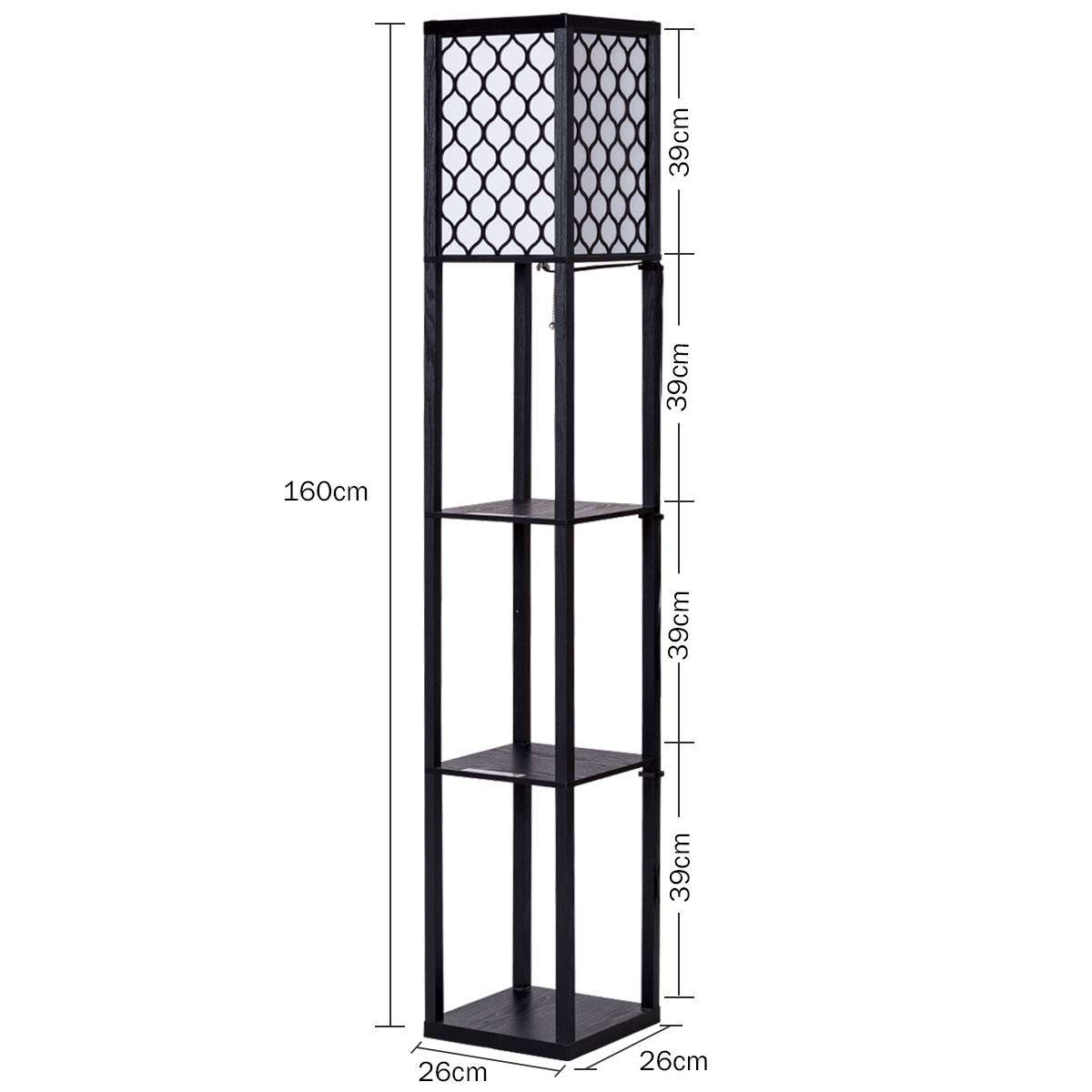 COSTWAY Stehlampe Wohnzimmer 160cm, E27, Max. 40W, 3 Ebenen Stehleuchte mit Zugkette, Standleuchte Holz, Holzregal Innenbeleuchtung für Wohnzimmer & Schlafzimmer, Schwarzes