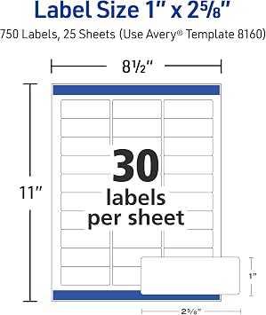 Avery Easy Peel Printable Address Labels with Sure Feed, 1 x 2-5/8 Customizable Stickers, White, 750 Blank Mailing Labels, Great for Mailing, Shipping, and More (8160)