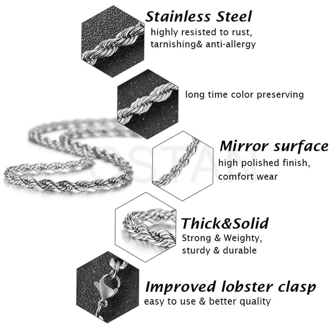 OSTAN Collana da Uomo Donna Catena di Corda Intrecciata Collegamento in Acciaio Inossidabile Larghezza 2.0-5.0 MM Lunghezza 45-80 CM Argento