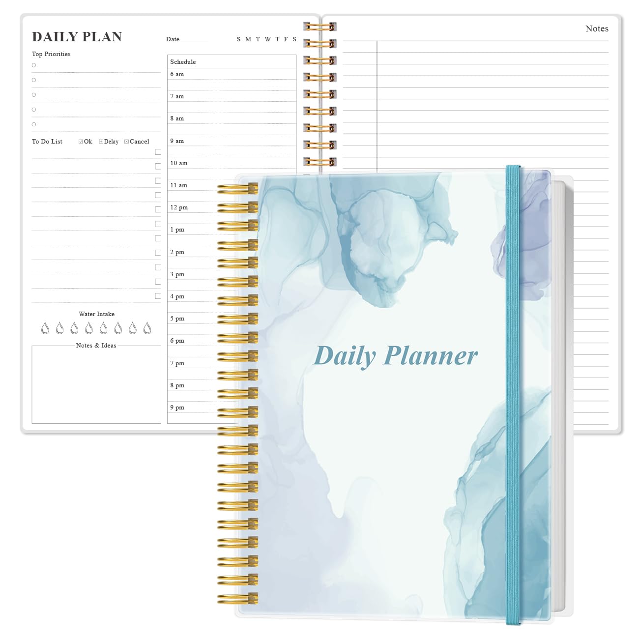 Daily Planner Undated - B5 To Do List Notebook Hourly Schedules, Spiral Appointment Planner for Women and Men, PVC Hardcover, Inner Pocket, Elastic Closure, 7" x 10", Blue Watercolor
