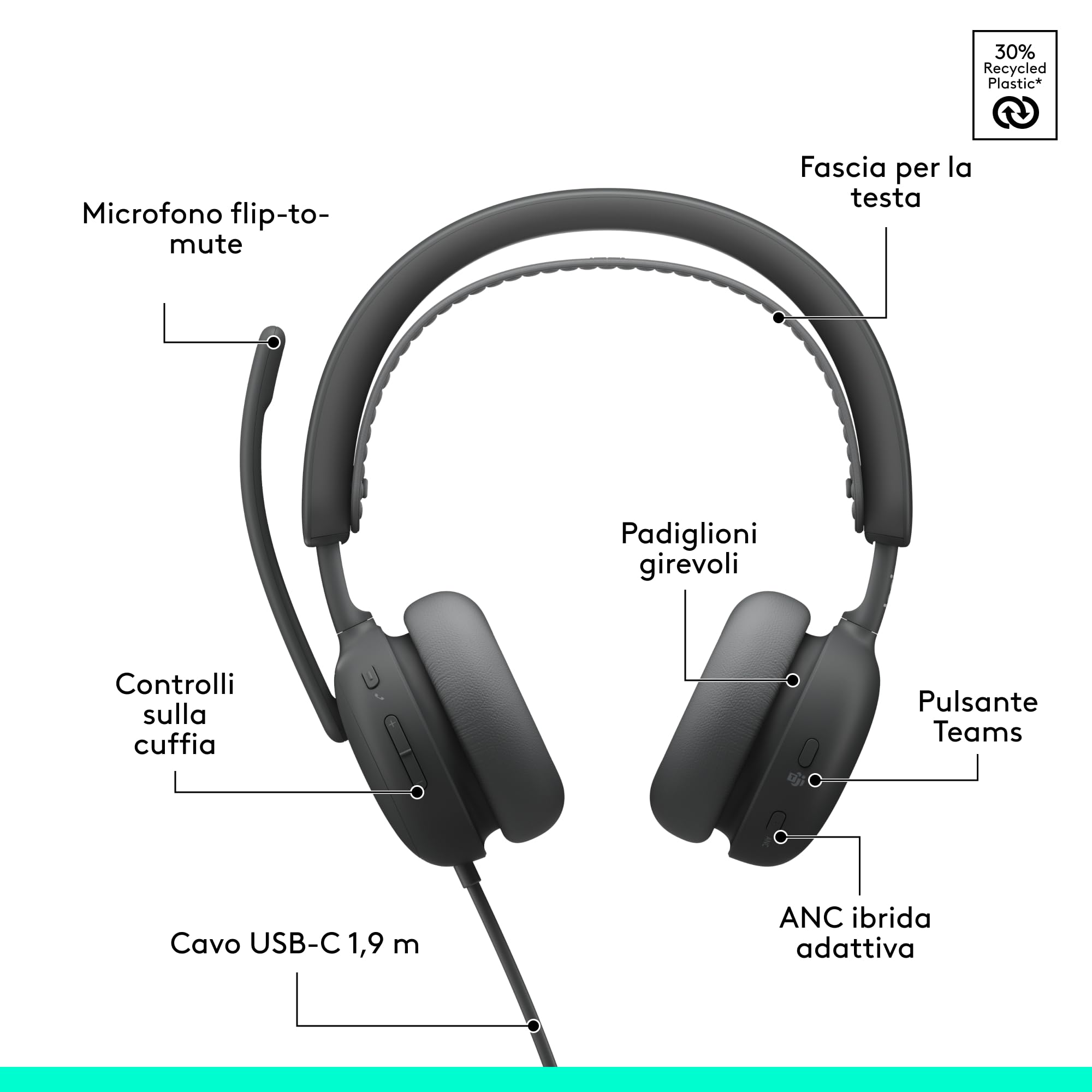 Logitech Zone Wireless 2 ES for Business - Cuffia con microfono wireless con cancellazione del rumore con ANC ibrida adattiva, Bluetooth, USB-C e USB-A, certificazione Microsoft Teams - Grafite
