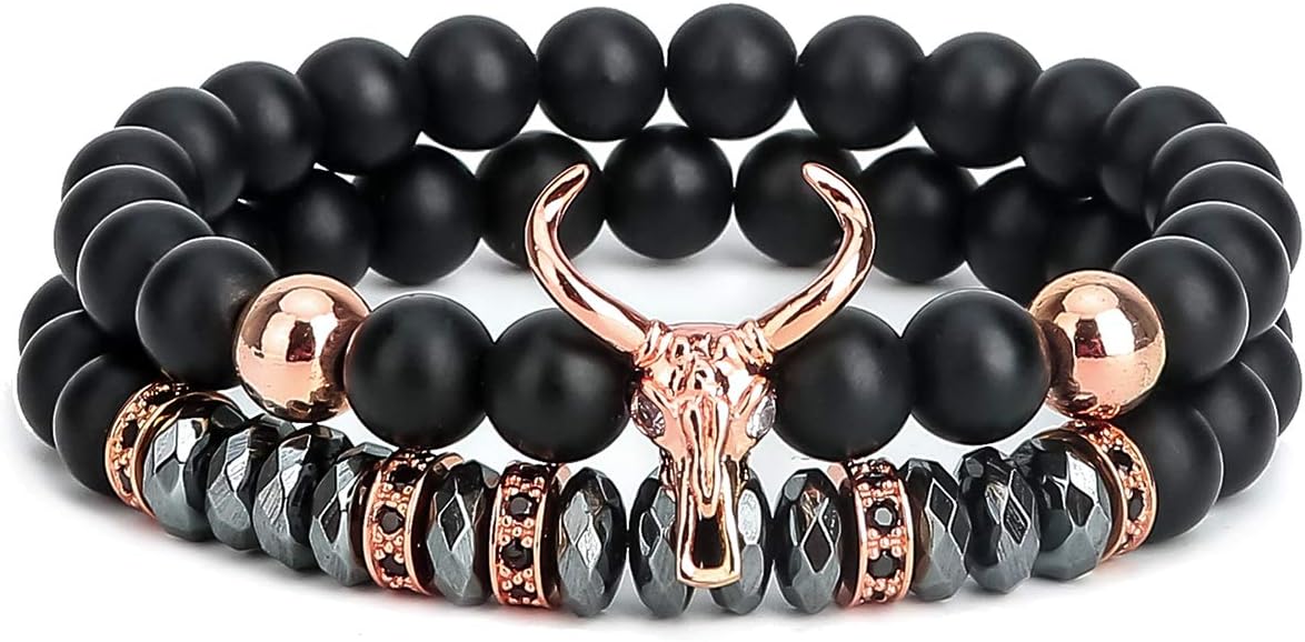 ASHMITA Bead Bracelets for Men Charm Black Bull Matte Onyx Stone Bangle