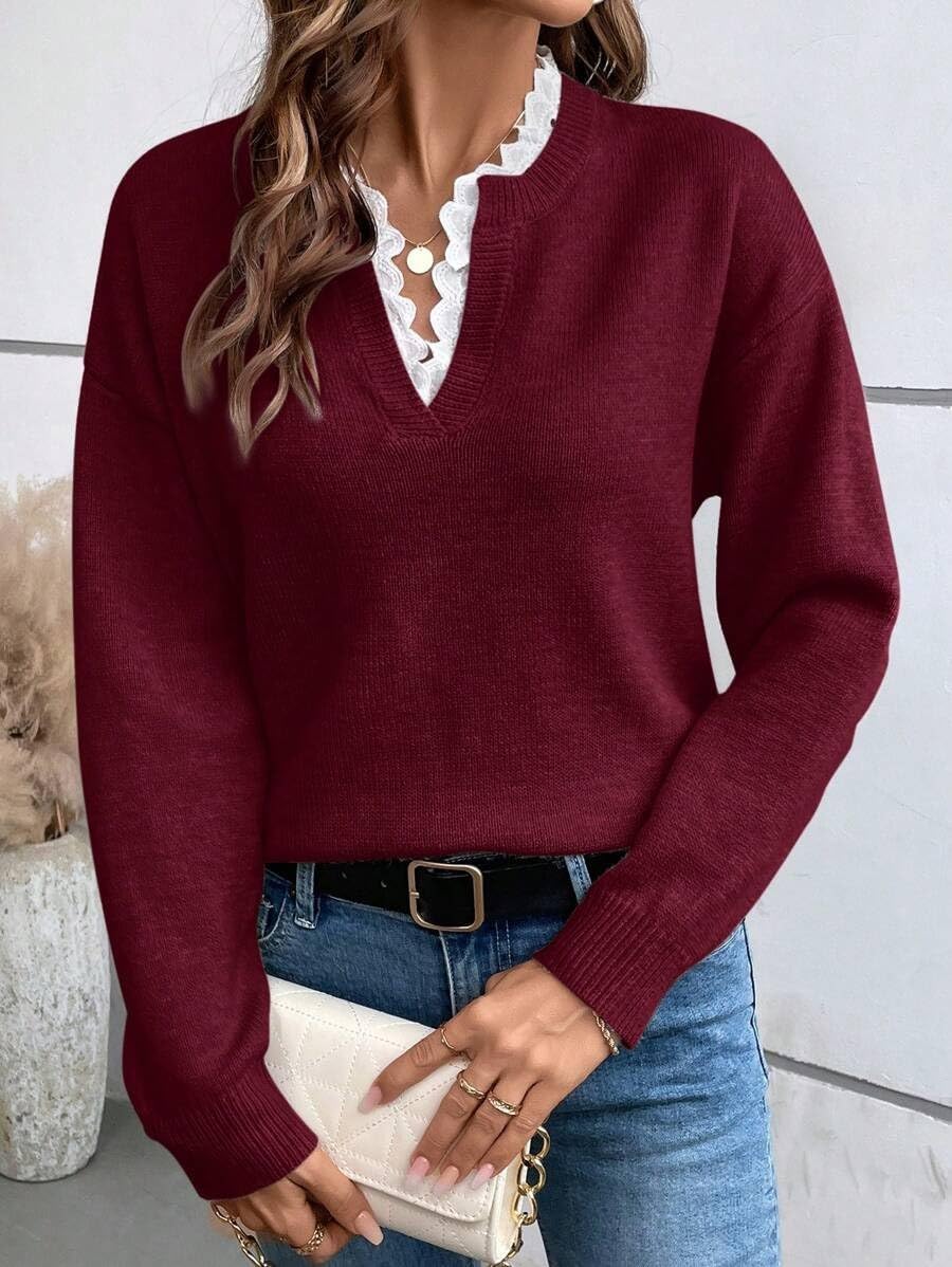 Maglione da donna in pizzo con scollo a V a maniche lunghe in maglia