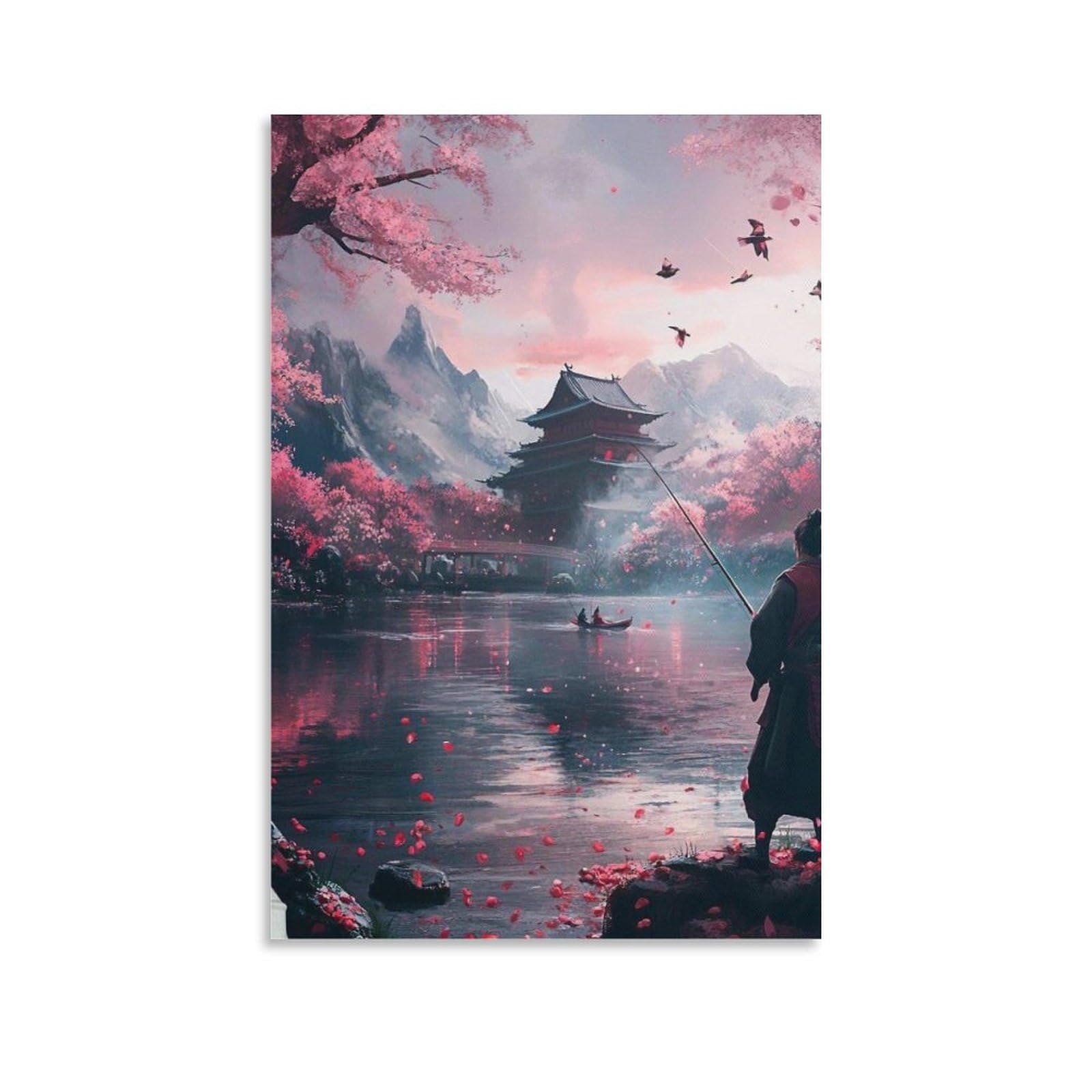 QGVBGF Japanese Cherry Blossom Poster Canvas Poster Bedroom Decor Landscape Office Room Decor Gift 24x36inch(60x90cm)