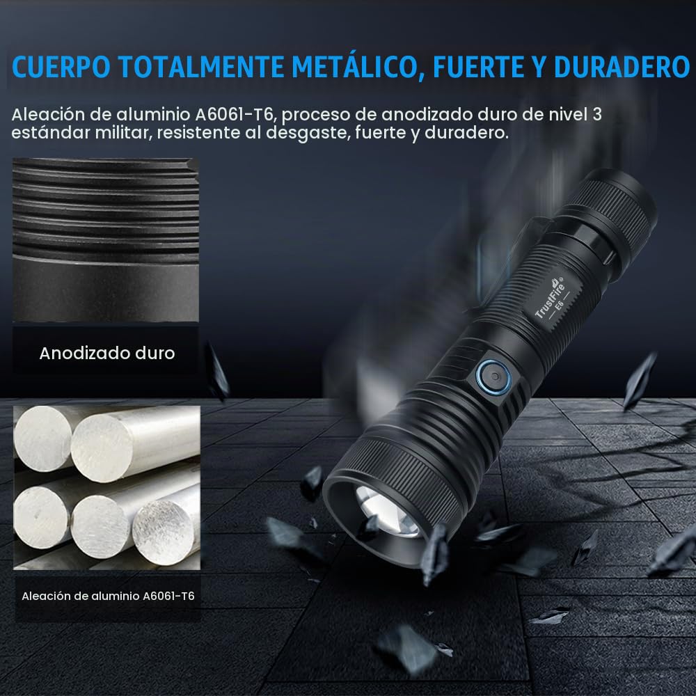 TrustFire E6 Linternas LED Alta Potencia, 1500 Lúmenes Recargable Linternas, 5 Modos de Luz, Zoomable, Linterna de Aluminio Enfoque Ajustable - Ultra Portátil para Ciclismo, Camping, Montañismo etc.