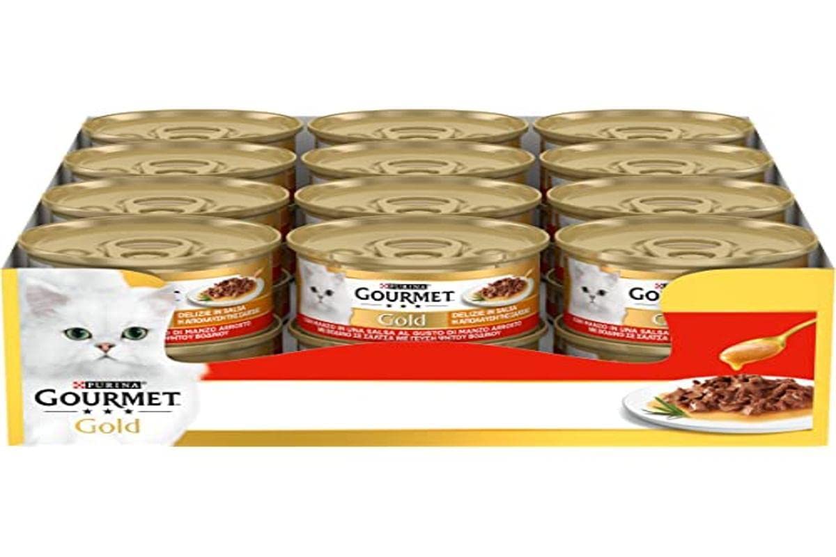 Purina Gourmet Gold Delicias en Salsa de Comida húmeda para Gatos con Carne de Vaca, 24 latas de 85 g