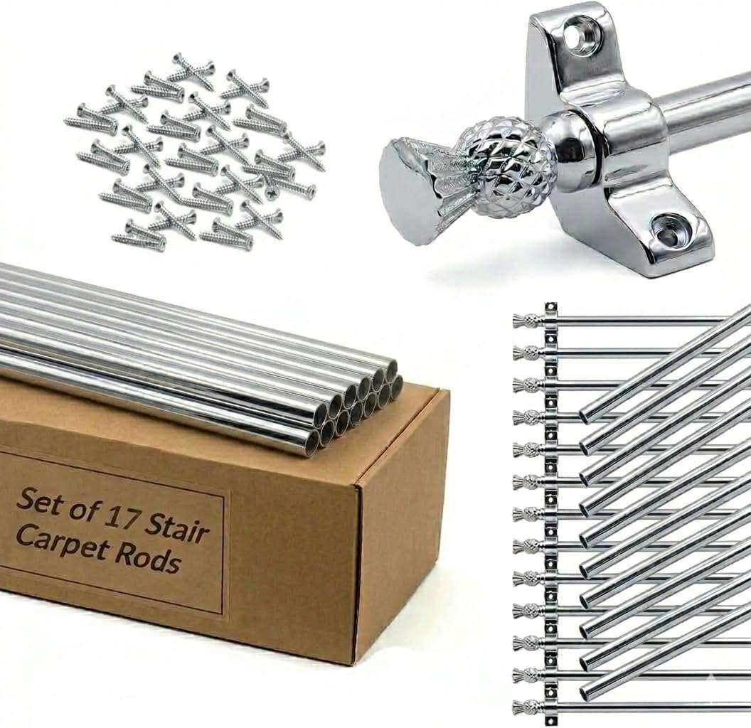 Set of 17 Stair Carpet Rods, 70cm Satin Chrome Stair Runner Rods with Thistle Finials, Heavy Duty Metal Rods, Complete with Brackets & Fixings, Suitable for Carpet Runners up to 70cm Wide
