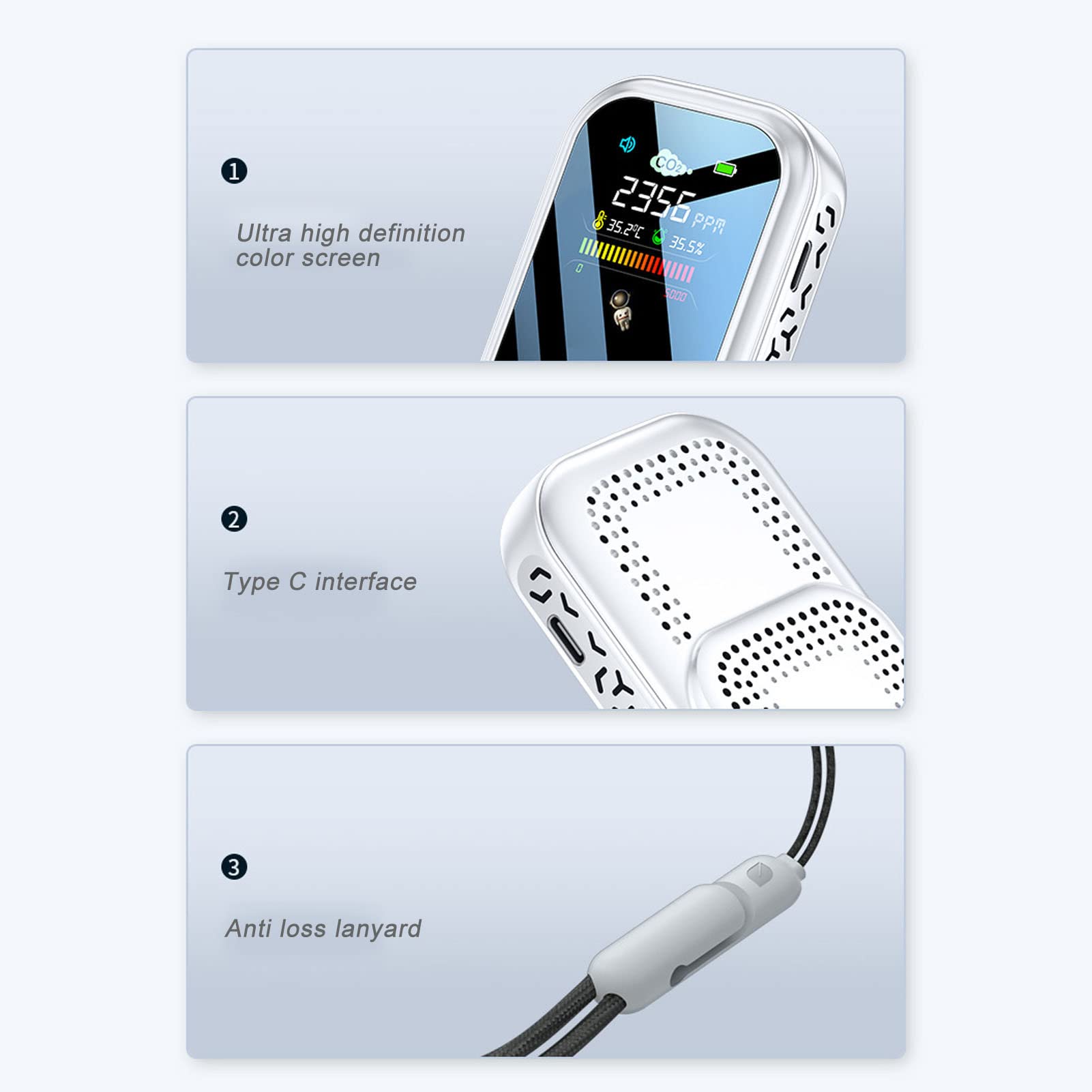 Détecteur de qualité de L'air, Détecteur de CO2 Détection NDIR Type C Testeur d'humidité de la Température de Compteur de CO2 Moniteur de qualité de L'air Portable (Blanc)