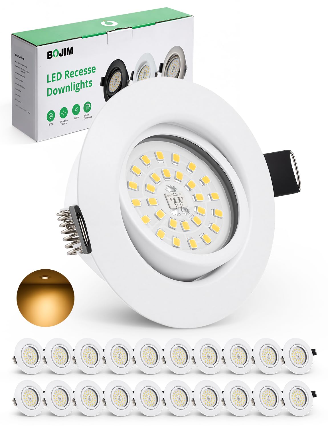BOJIM LED Spots 230V Flach Dimmbar, Einbaustrahler LED Warmweiß 5.5W 68mm - 80mm Lochmass, Deckenspots Deckenstrahler Schwenkbar für Küche Wohnzimmer Badezimmer, 20er Set