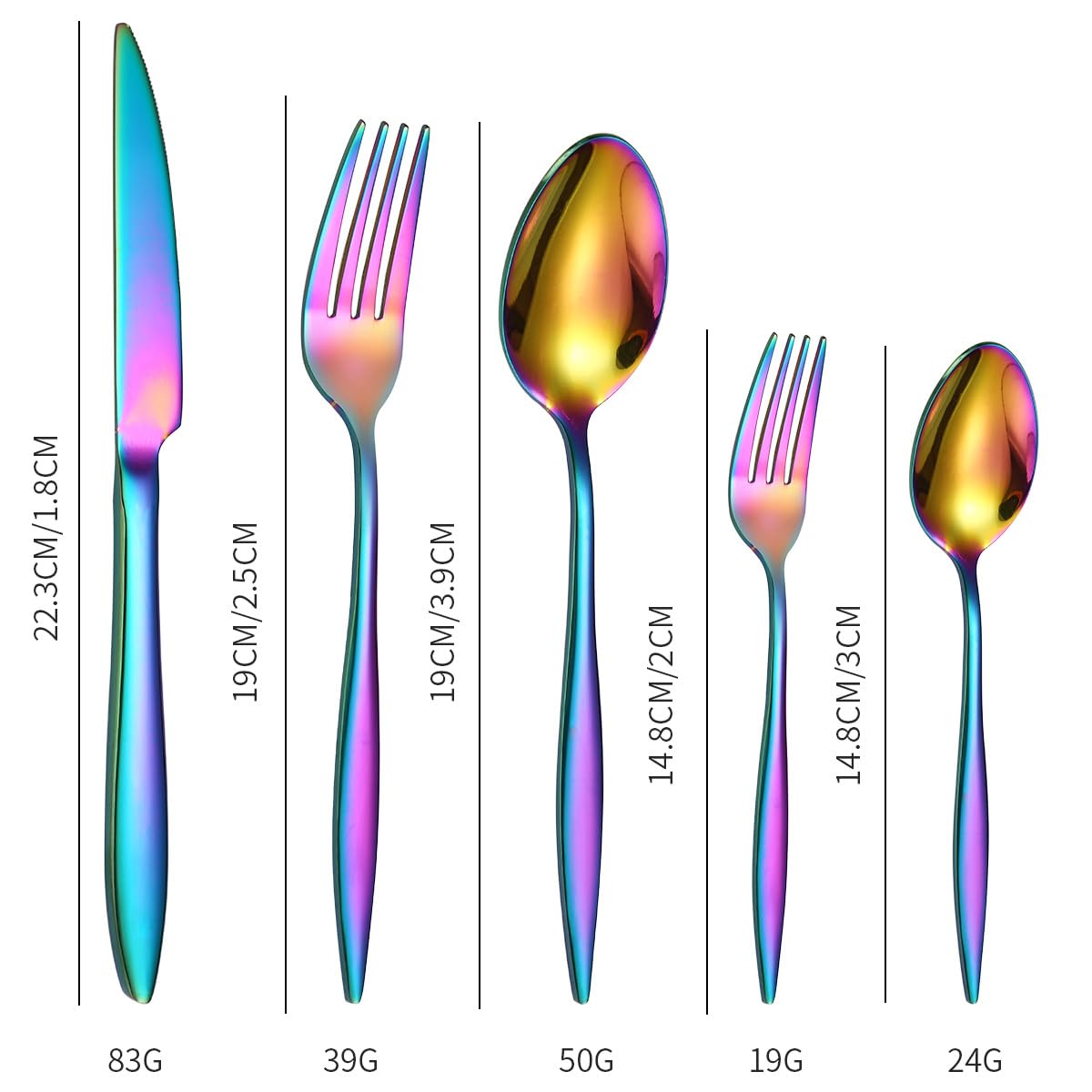 Ce Service de Couverts, composé de 5/20/30/40/50/60 pièces en Acier Inoxydable (Couteaux, fourchettes et cuillères), possède des Manches Pointus et épais. Idéal pour Les hôtels et Restaurant