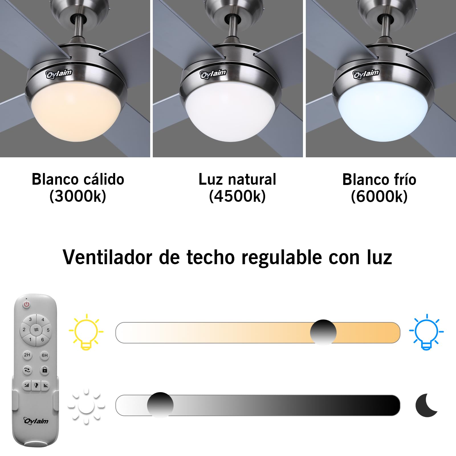 Ovlaim 122CM Ventilador de Techo con Luz LED Regulable y Control Remoto | Silencioso Motor DC Eficiente | Función Verano-Invierno | 6 Velocidades, Plata Ventilador Techo | Silencioso Motor DC Eficiente, Función Verano-Invierno, 6 Velocidades, Plata Ventil