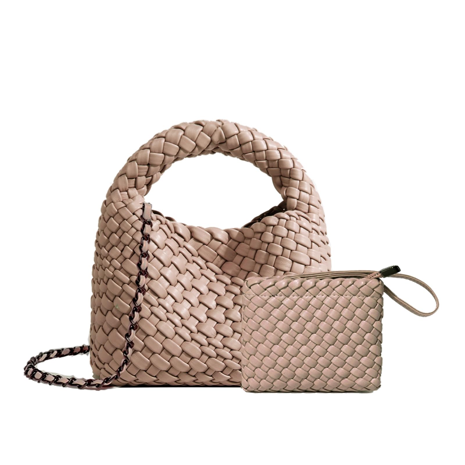 JINMANXUE Fashion Handbag For Women Woven Tote Bag Bucket Composite Bag Knitting Chain Bag Female Crossbody Shoulder Bag Shopper Purses, Khaki